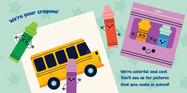 Cartoon crayons and school bus with packaging on a light blue background