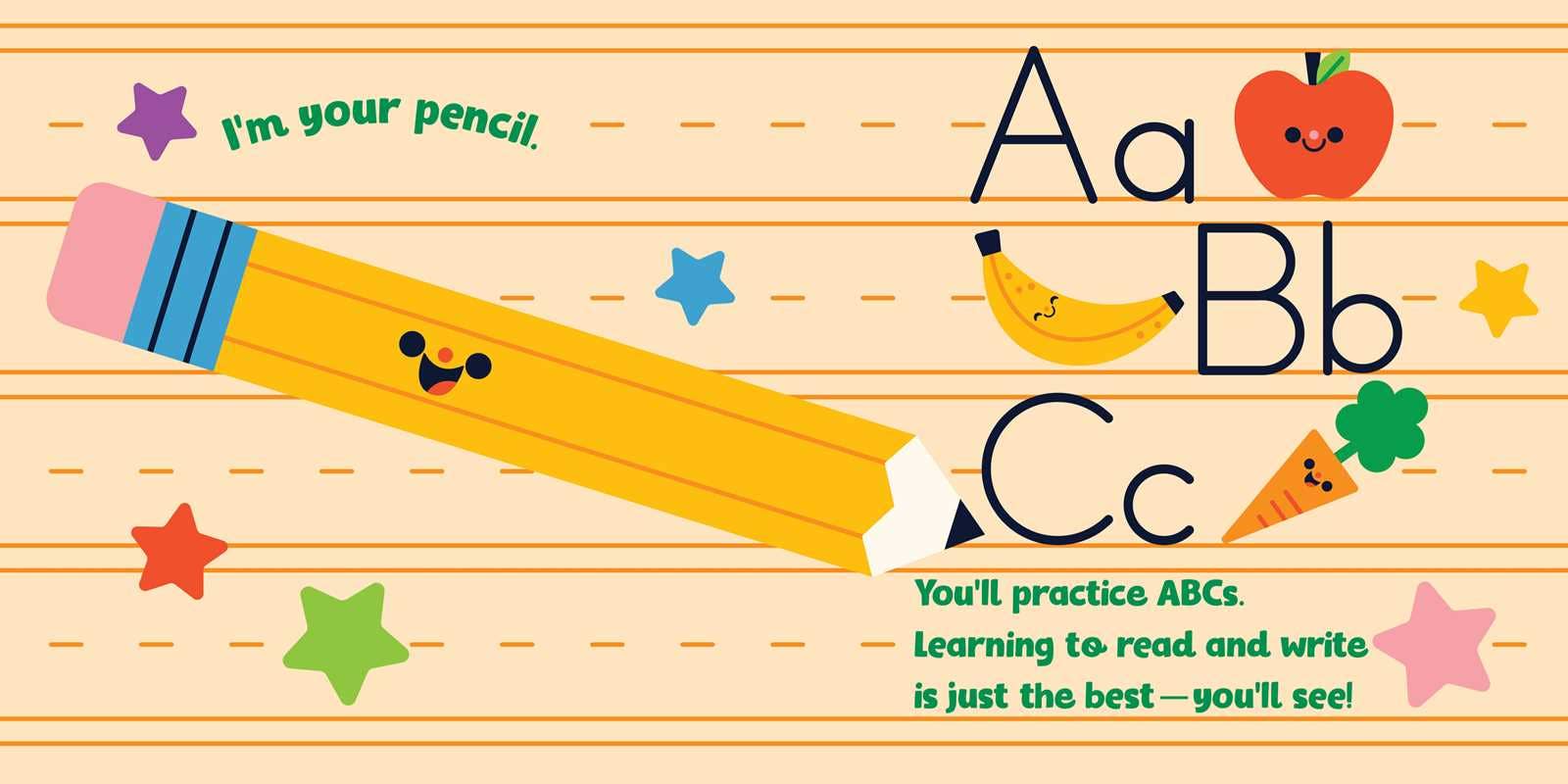 Educational design with a pencil, letters A to C, and colorful elements on a lined paper background.