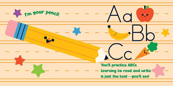 Educational design with a pencil, letters A to C, and colorful elements on a lined paper background.