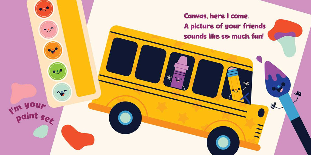 Illustration of a yellow school bus with colorful paint tools on a purple background
