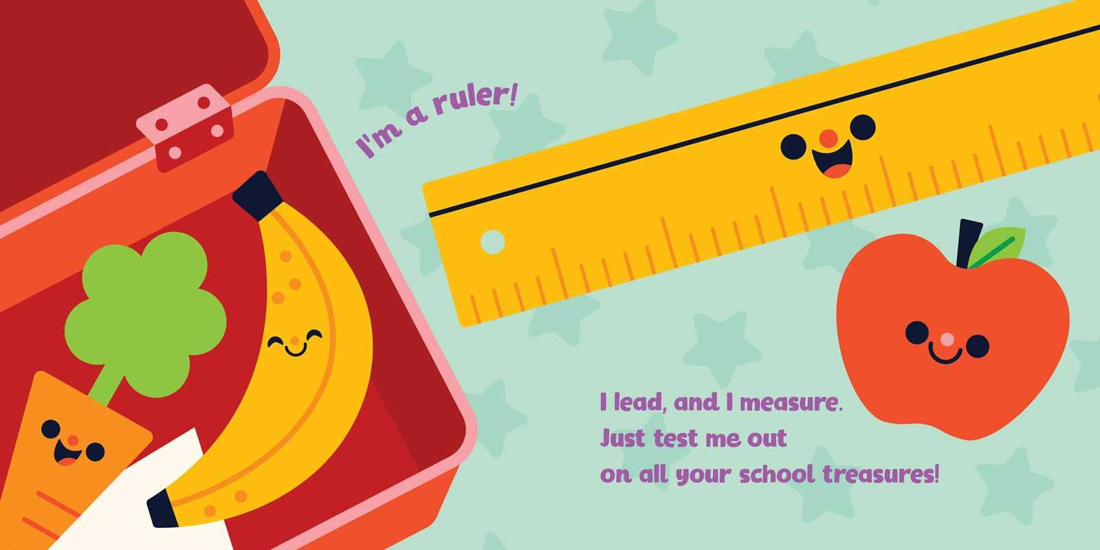 Cartoon ruler with a smiley face, apple, banana, carrot, and backpack on a light blue background.