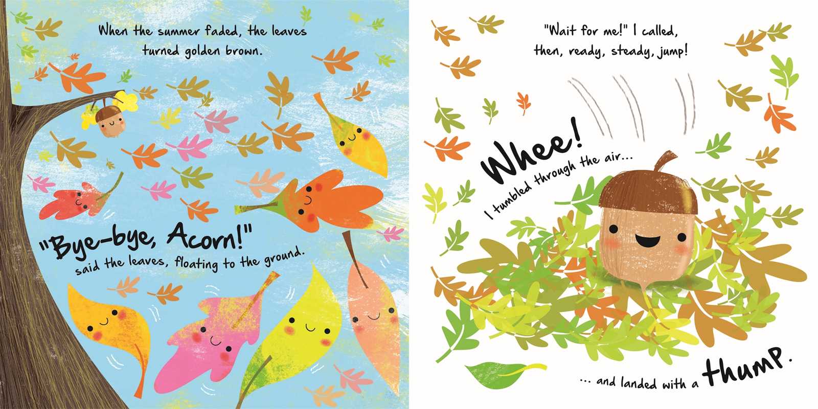 A children's book spread showing two illustrated pages with autumn-themed text and drawings. The left page features a heart-shaped tree trunk and colorful falling leaves, including one labeled 'Acorn.