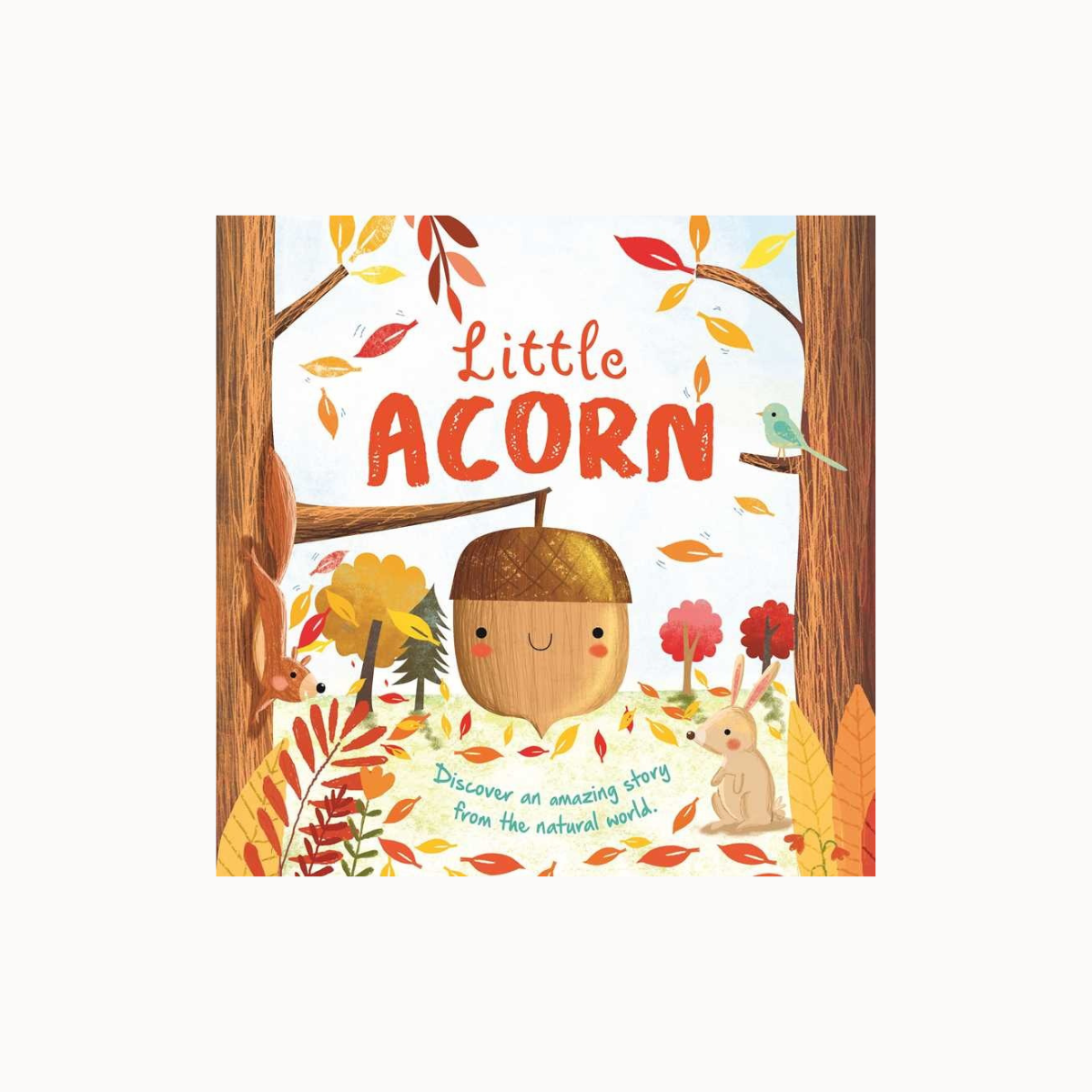 A children's book cover titled 'Little ACORN' featuring a cute illustrated acorn character in an autumn forest with leaves, trees, a bird, and a rabbit on a light cream background.