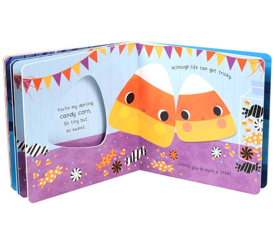 Children's book open to a page with candy corn illustrations and text.