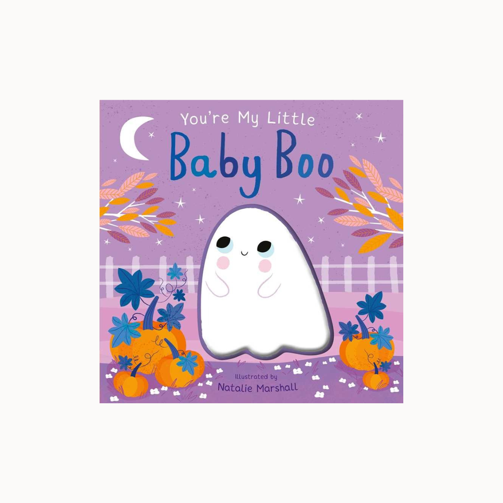 A children's board book titled "You're My Little Baby Boo" by Natalie Marshall, featuring a cute white ghost illustration on a purple cover with orange pumpkins, blue flowers, and a crescent moon.