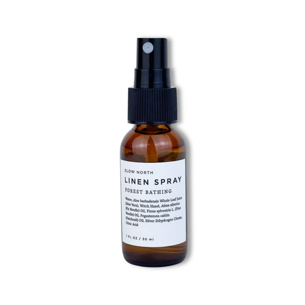 Linen spray bottle with label on a white background