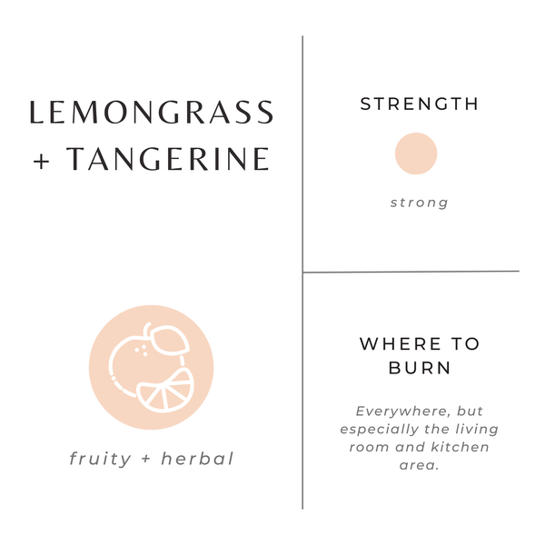 Product label for 'Lemongrass + Tangerine' with branding and description details.