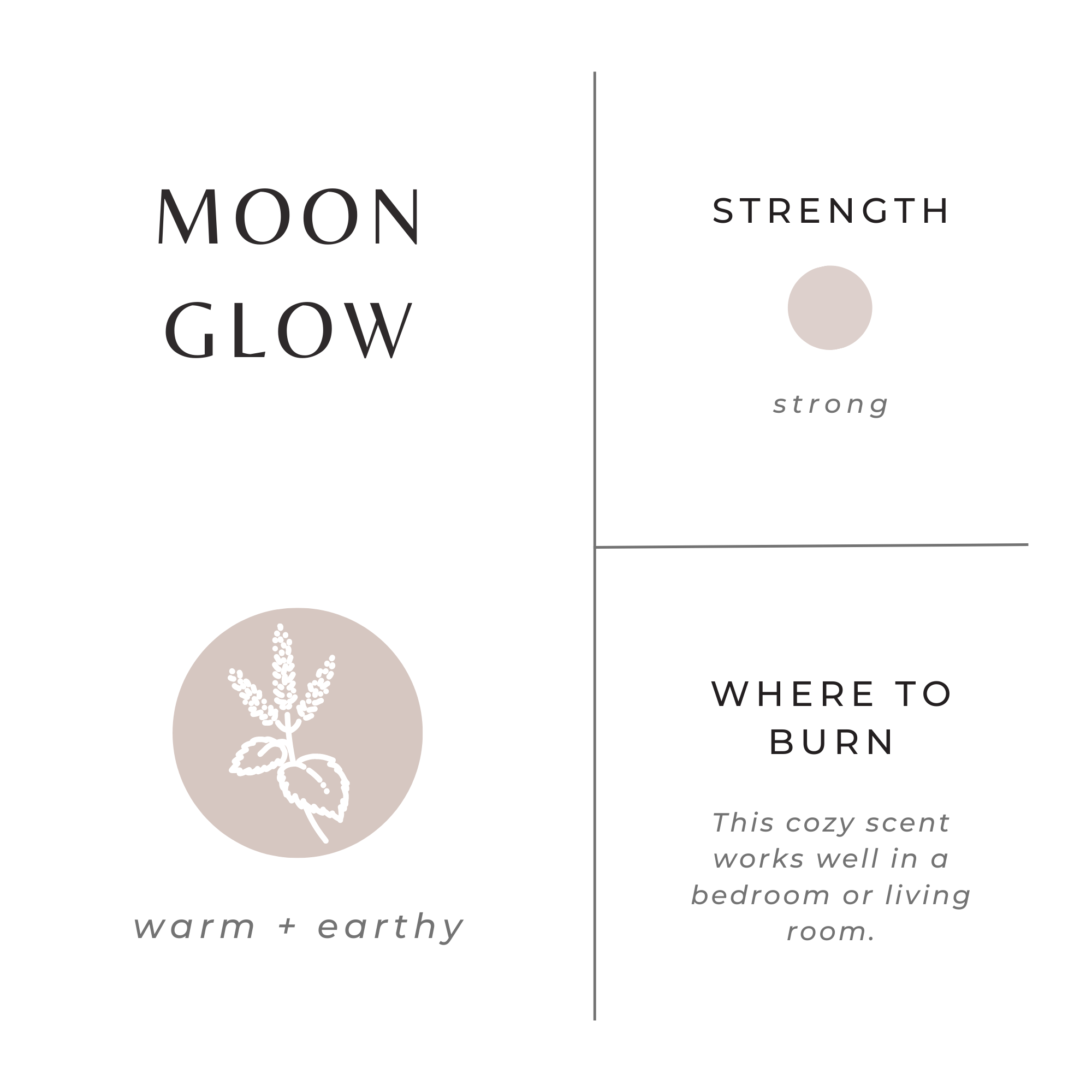 Product label for 'Moon Glow' with branding elements and product description.