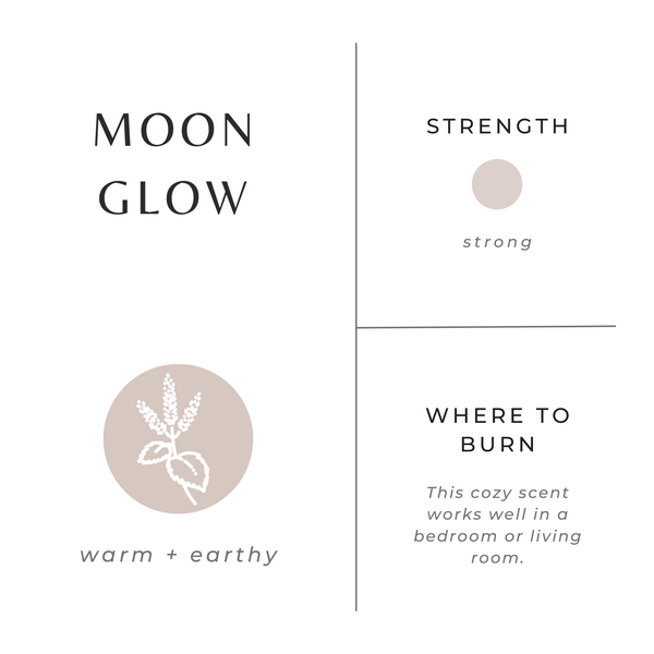Product label for 'Moon Glow' with branding elements and product description.