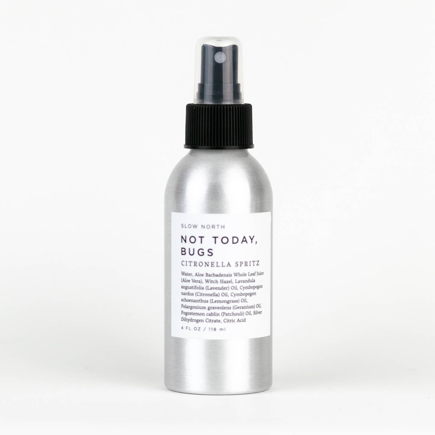 Silver spray bottle labeled 'Not Today, Bugs' on a white background