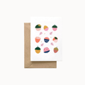 Greeting card with colorful acorns and leaves on it on a white background.