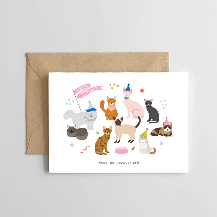 Greeting card with cartoon cats and a brown envelope on a light gray background