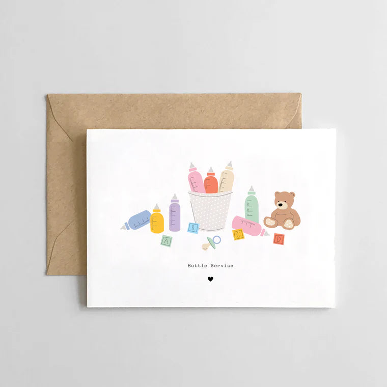 Greeting card with illustrations of bottles, a teddy bear, and text on a white background with a brown envelope.