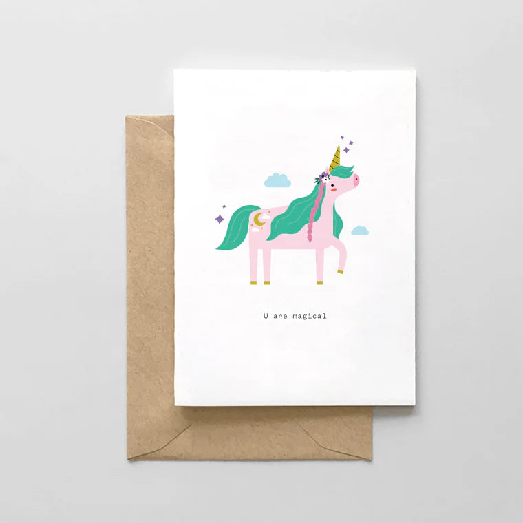 unicorn card on brown envelope