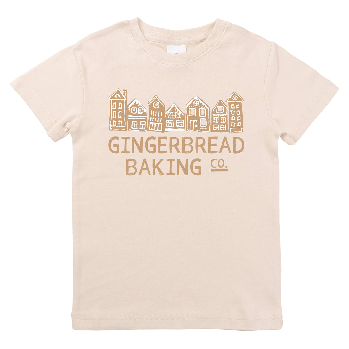 A light beige short-sleeve t-shirt with a brown graphic of gingerbread houses and the text 'GINGERBREAD BAKING CO.' printed on the front, displayed against a solid white background.