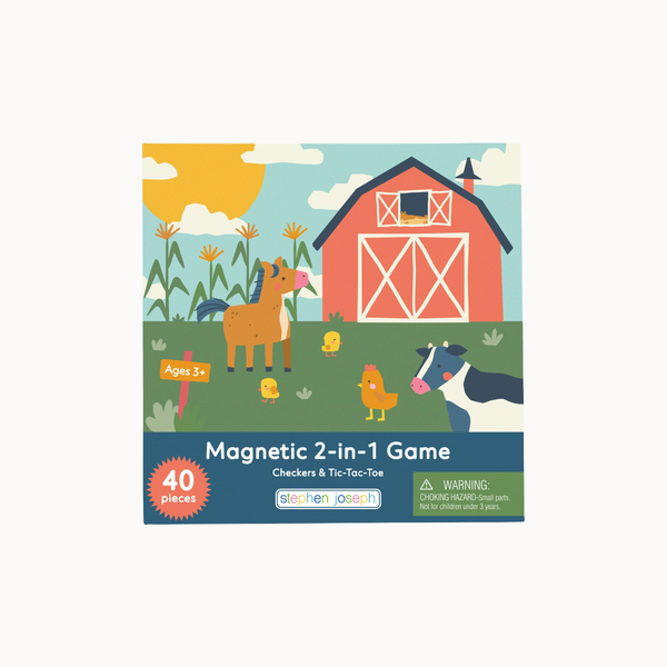 A square product box for a children's magnetic game titled "Magnetic 2-in-1 Game" by Stephen Graham. The box art shows a colorful farm scene with a red barn, green field, yellow sun, cow, horse, chicken, and a blue banner at the bottom with age and piece count information.