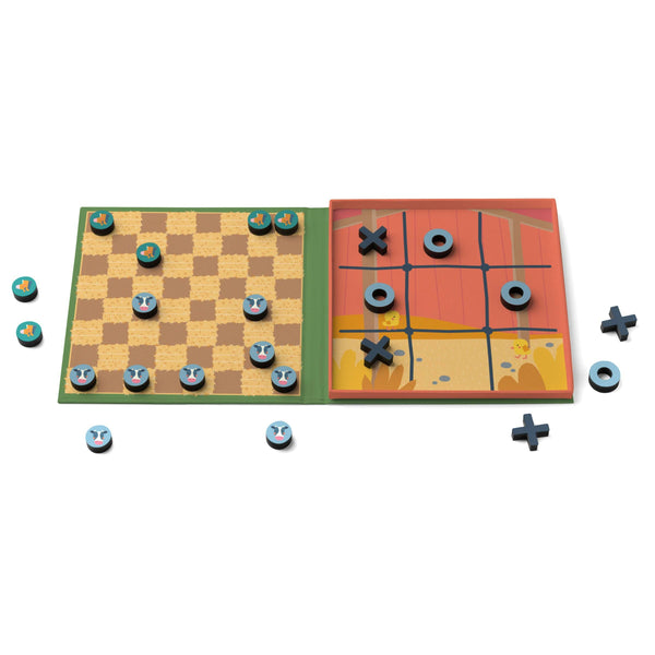 Checkers and Tic-Tac-Toe board game set on a white background