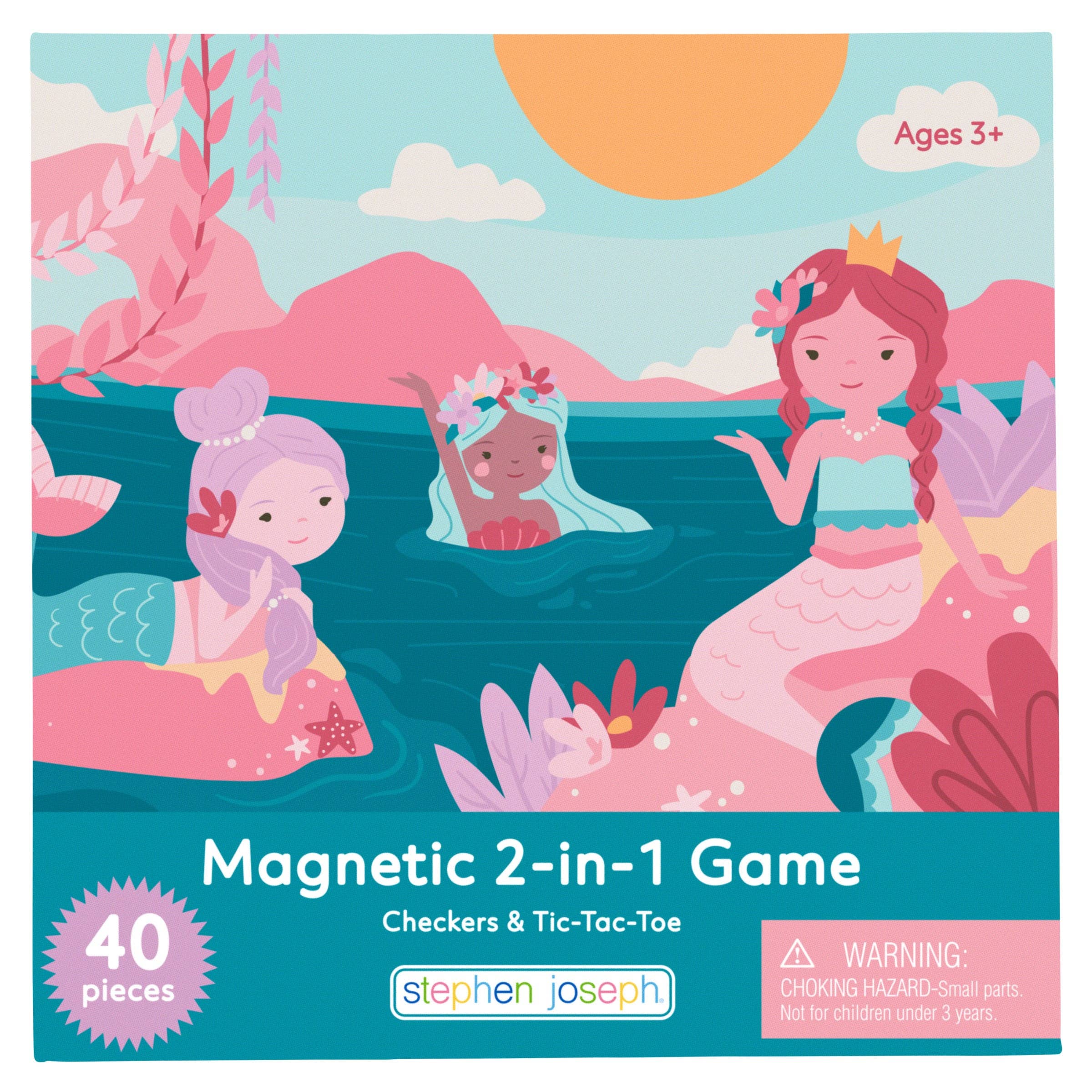 Front of the packaging for the 'Magnetic 2-in-1 Game' by Stephen Joseph, featuring a colorful illustration of three mermaids playing in a stylized ocean scene. The packaging indicates it contains 40 pieces and is suitable for ages 3+.
