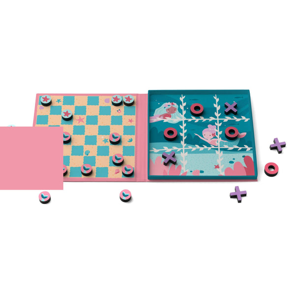 A children's wooden board game set with two square game boards, a pink play mat, and colorful round and cross-shaped pieces on a white background.