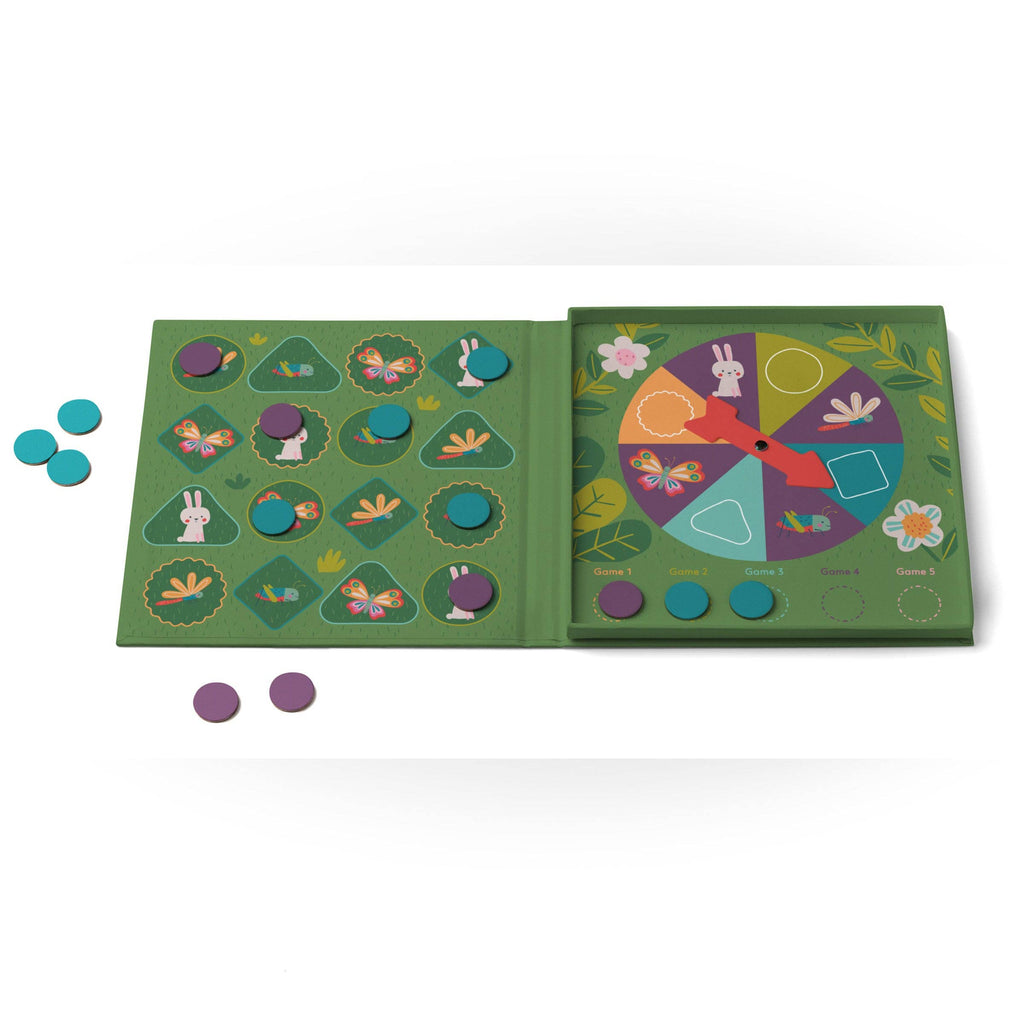 Colorful children's educational board game with geometric shapes and animal illustrations on a white background