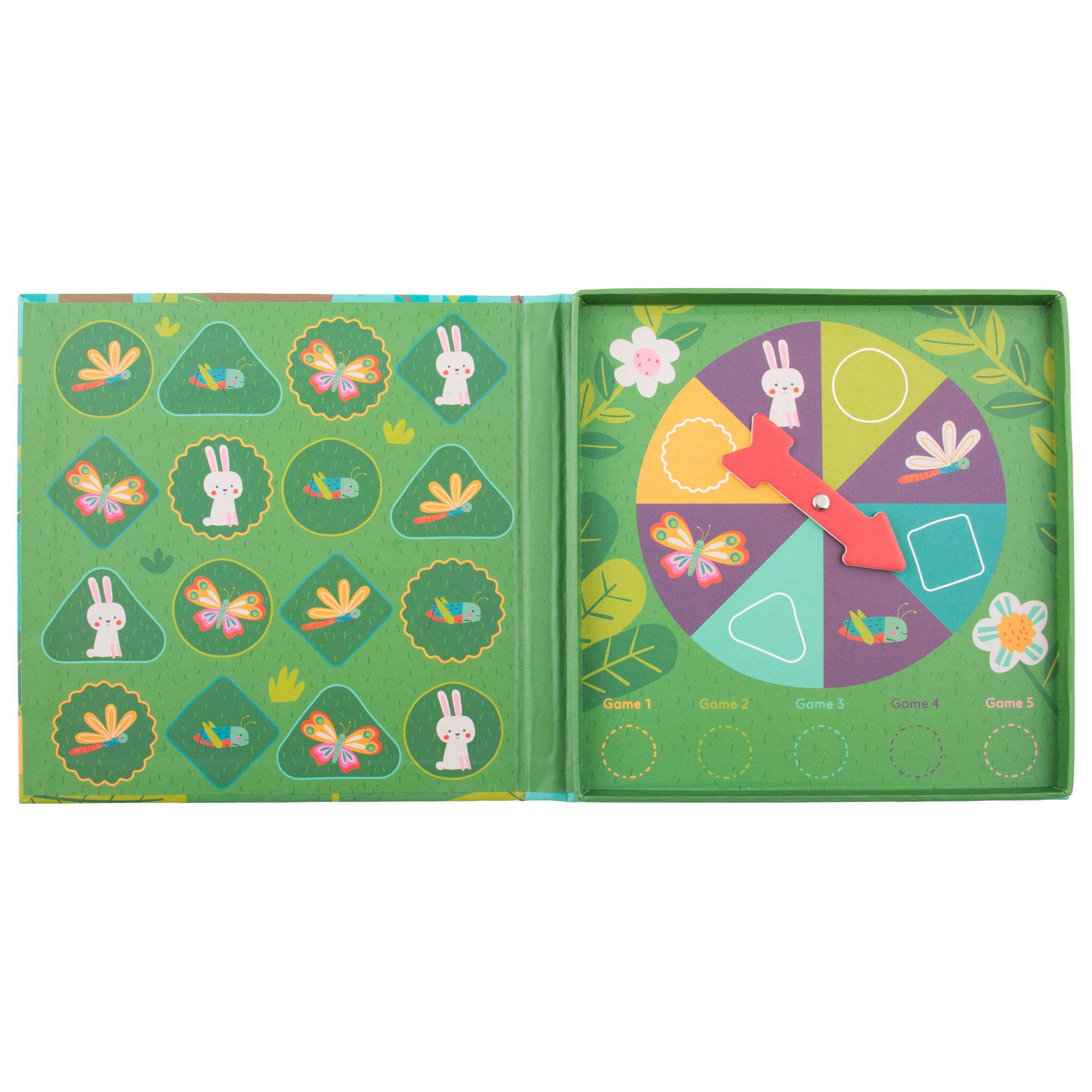 An open children's activity book or game box with green pages, featuring bunny and butterfly illustrations, colored game shapes, and a red spinner pointer.