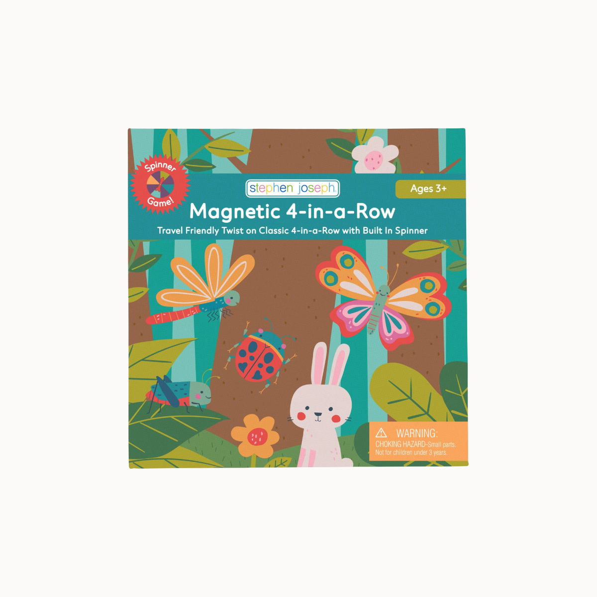 Stephen Osin Magnetic 4-in-a-Row game box, featuring a colorful cartoon forest illustration with a rabbit, butterfly, ladybug, and spinning tops on a white background.