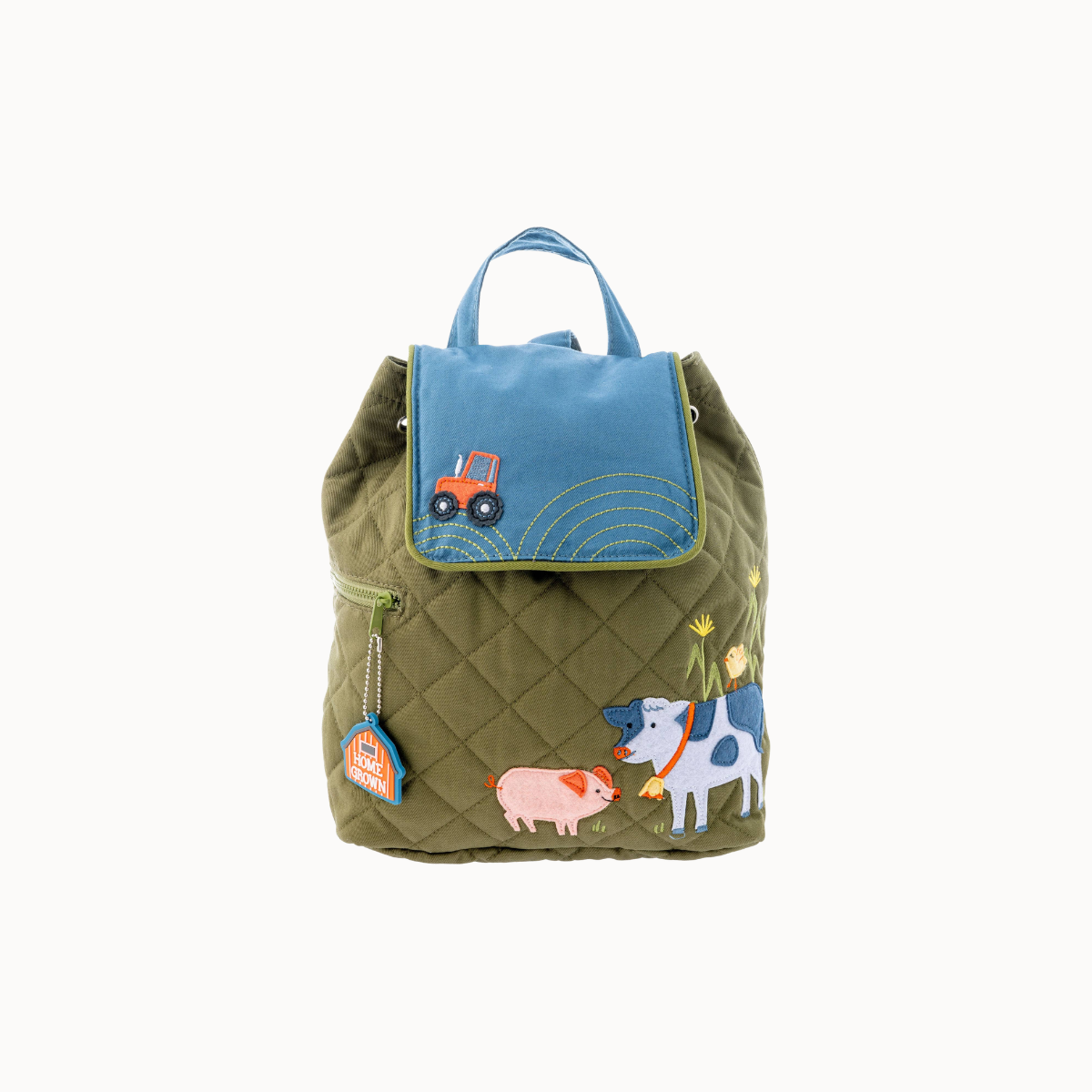 An olive green quilted backpack with a blue flap pocket featuring a tractor design, and embroidered farm animals including a cow, pig, and flowers on the front.