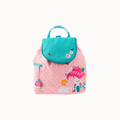 A pink quilted backpack with a turquoise flap and top handle, decorated with a whimsical mushroom house, rabbit, flowers, and a bee patch on the front.