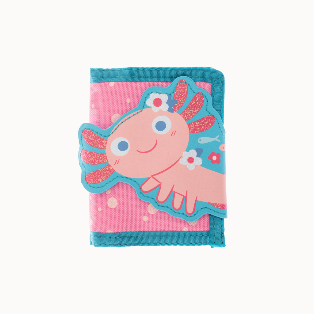 A pink fabric wallet with a blue border and a large applique of a smiling pink axolotl with red glittery fins, white flowers, and blue eyes.