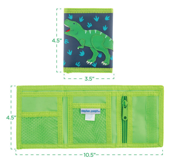 Green dinosaur-themed wallet with measurements on a white background