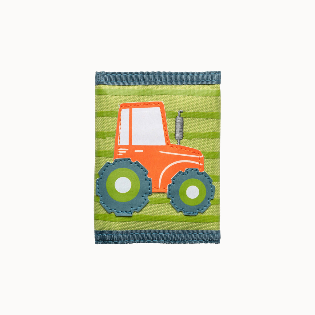 A small fabric pouch or card holder featuring a cartoon tractor design on a lime green striped background, with blue-gray stitched borders at the top and bottom.