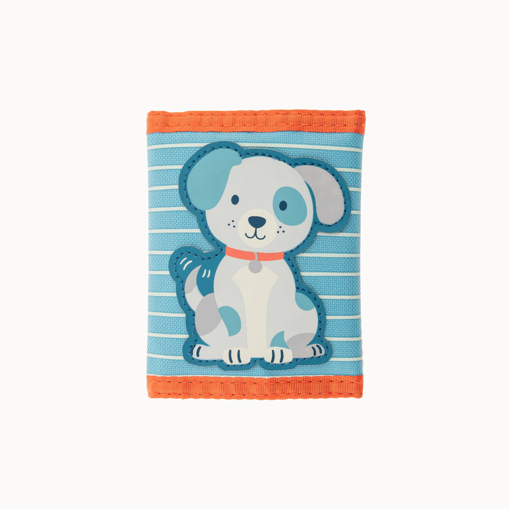 A small fabric pouch or wallet featuring a cartoon puppy design on a light blue and white striped background, with orange trim at the top and bottom.