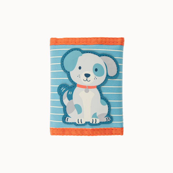 A small fabric pouch or wallet featuring a cartoon puppy design on a light blue and white striped background, with orange trim at the top and bottom.