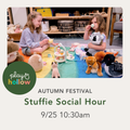 Promotional graphic for 'Play Hollow' featuring a photo of two young girls playing with plush toys and a tea-time play set on a colorful mat, with text reading 'Summer Picnic Stuffie Social Hour 9/25 10:30am'.