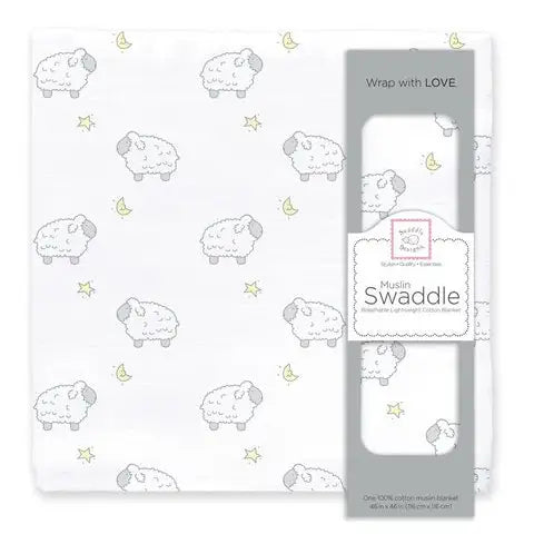 Muslin swaddle blanket with sheep pattern and packaging on a white background