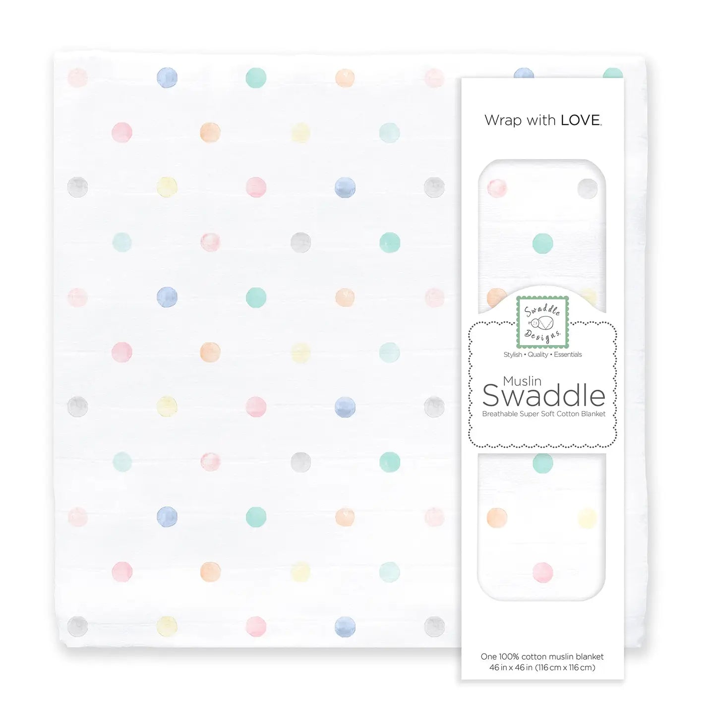 Cotton muslin swaddle blanket with colorful polka dots and packaging on a white background