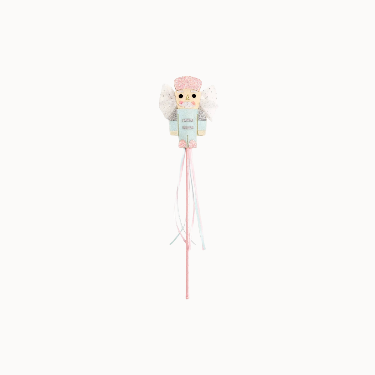 A decorative baby wand or toy featuring a cute angel character with white wings, a pink hat, and a light blue dress, holding long pink and white ribbons on a plain white background.