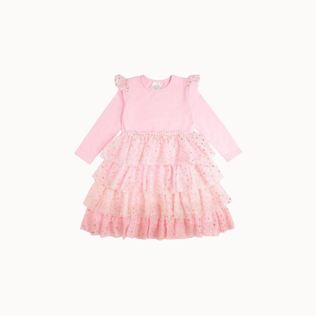 A toddler girl's long-sleeve dress in light pink, featuring a solid pink top, ruffled flutter sleeves, and a tiered tulle skirt with a subtle polka dot pattern.
