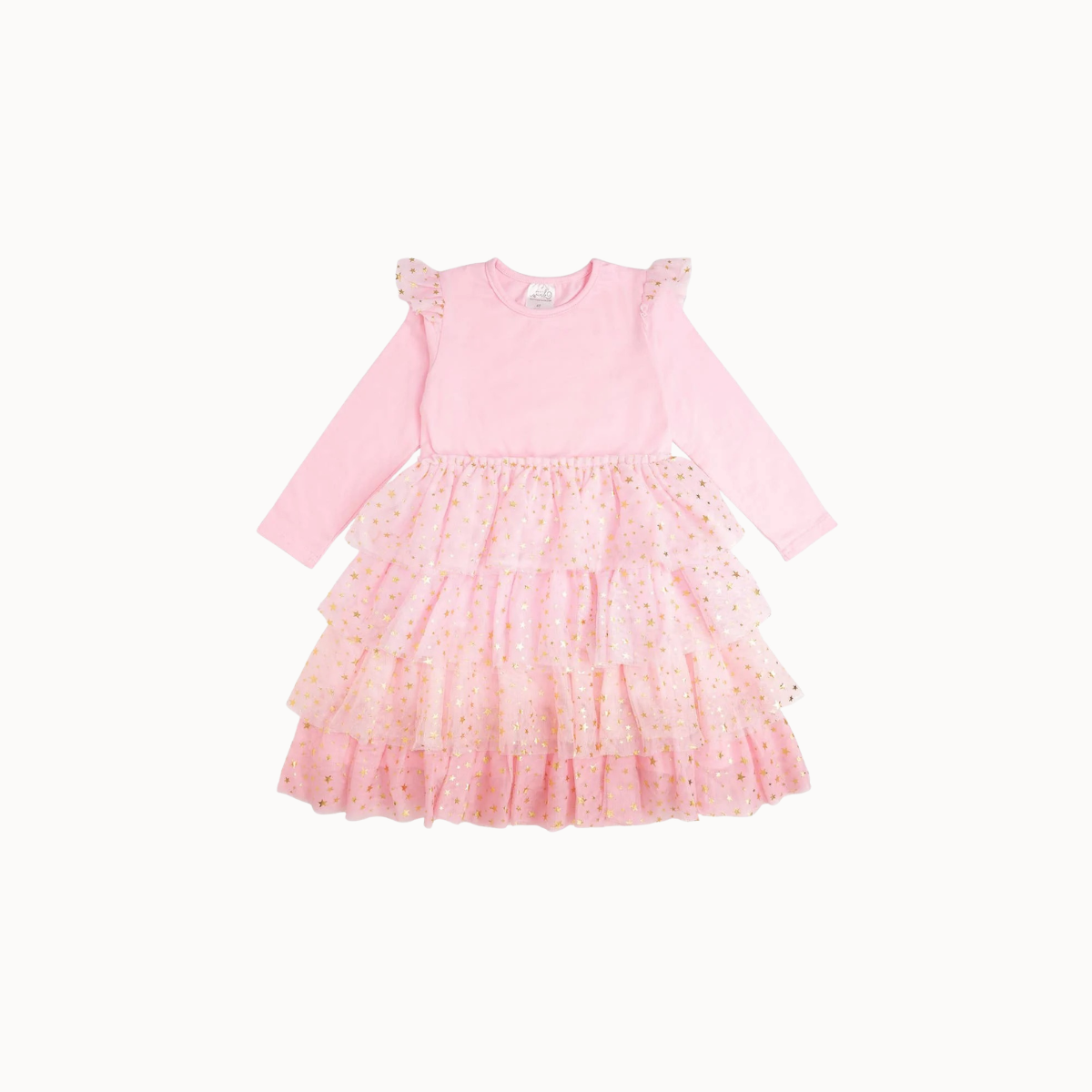 A toddler girl's long-sleeve dress in light pink, featuring a solid pink top, ruffled flutter sleeves, and a tiered tulle skirt with a subtle polka dot pattern.