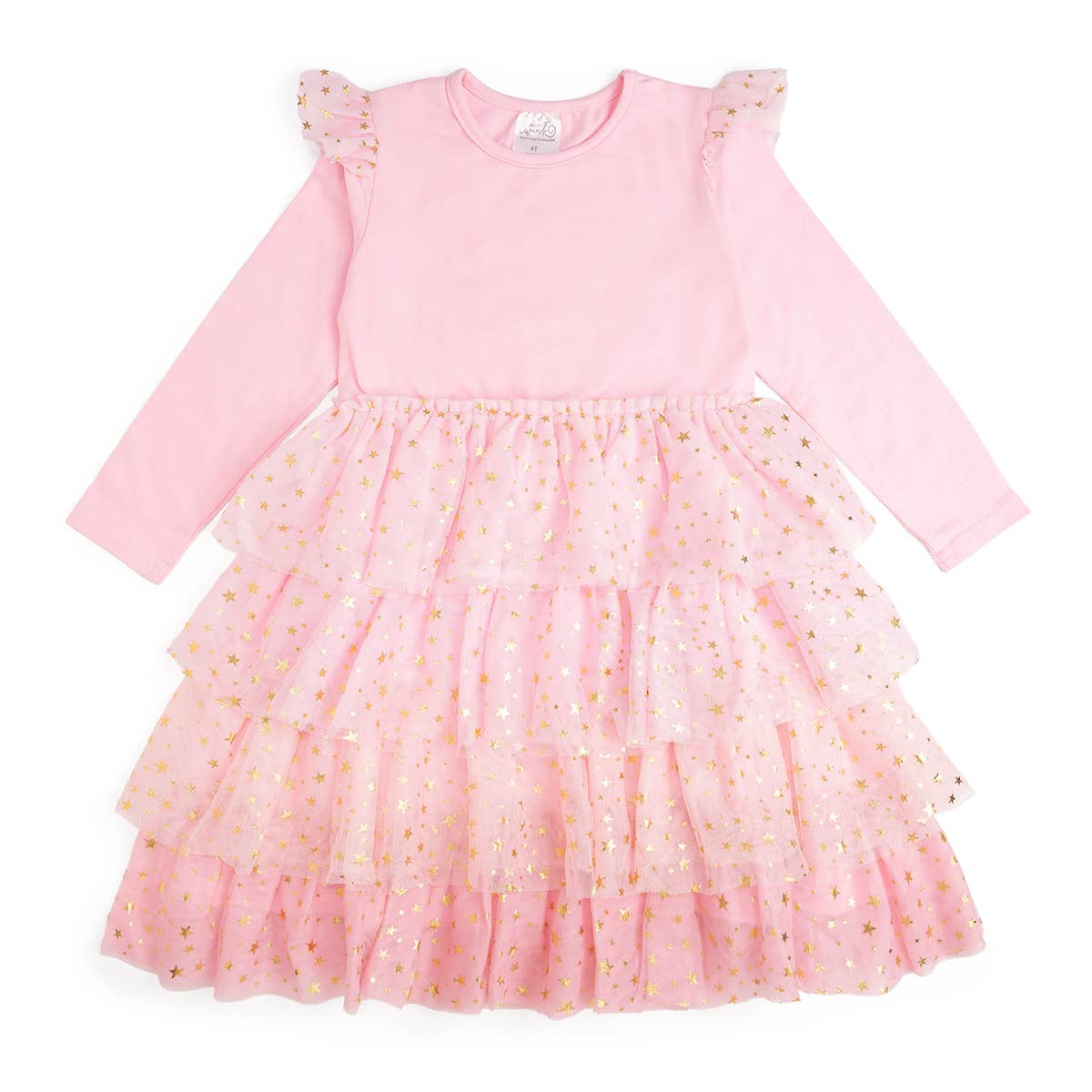 A pink long-sleeve baby dress with ruffled flutter sleeves and a tiered tulle skirt decorated with small gold star prints, shown on a plain white background.