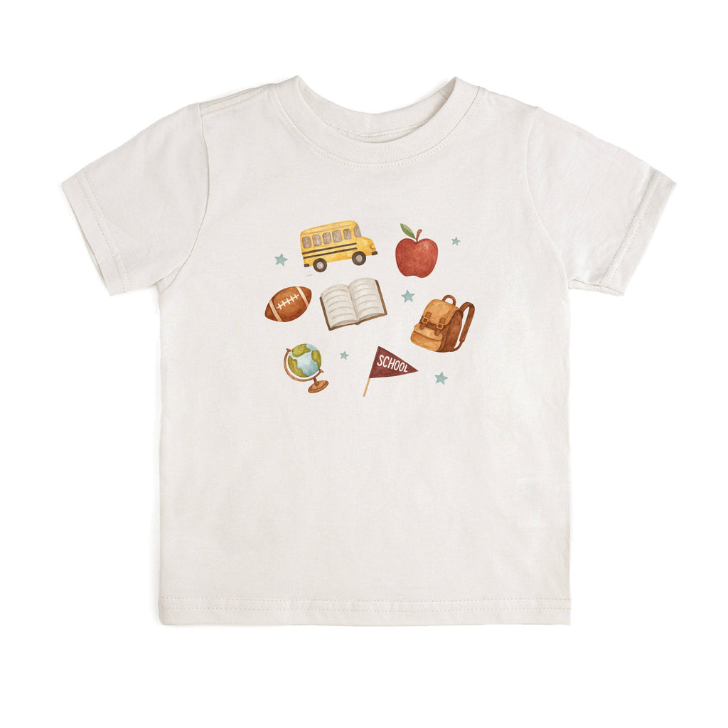 White t-shirt with school-themed graphics on a white background