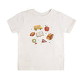White t-shirt with school-themed graphics on a white background