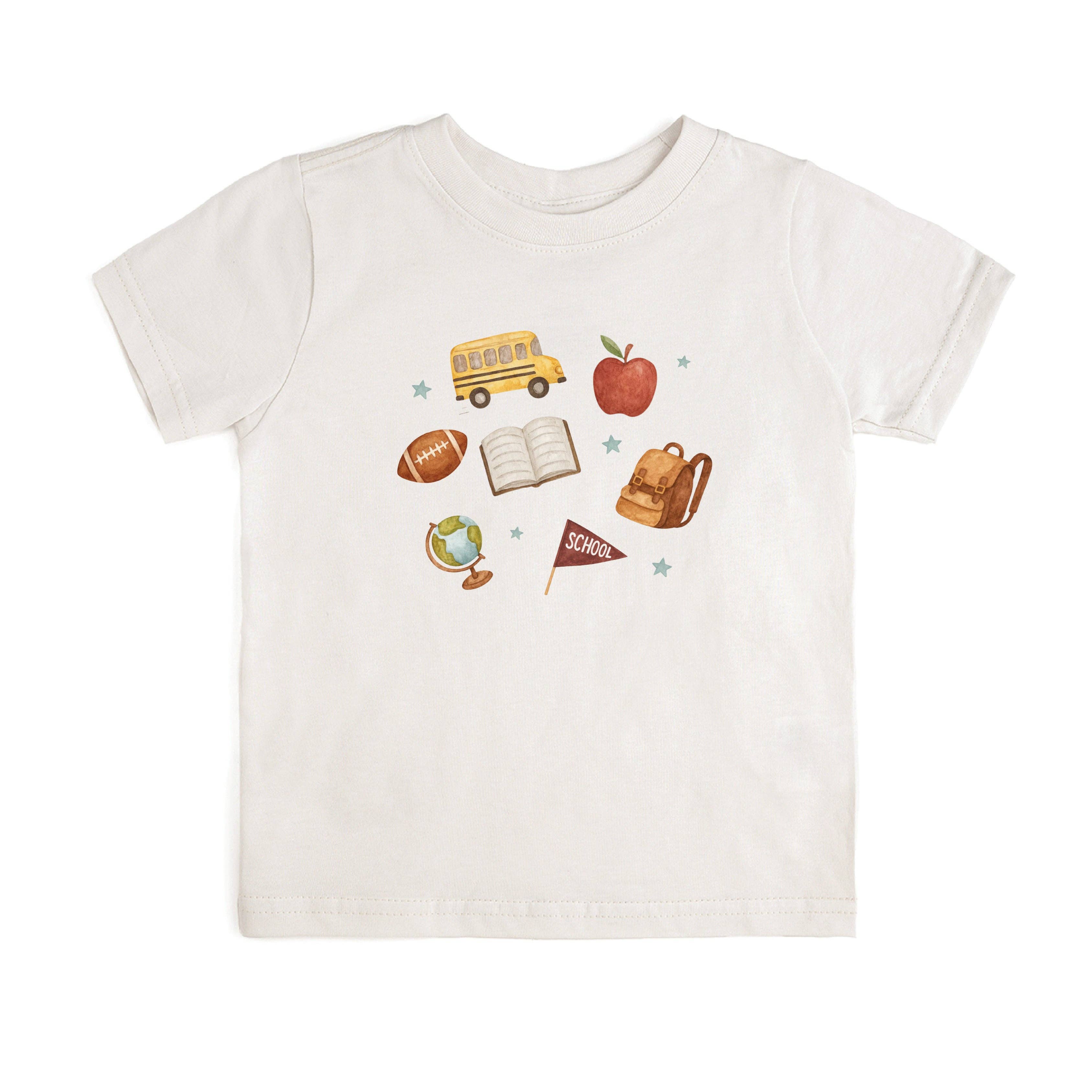 White t-shirt with school-themed graphics on a white background