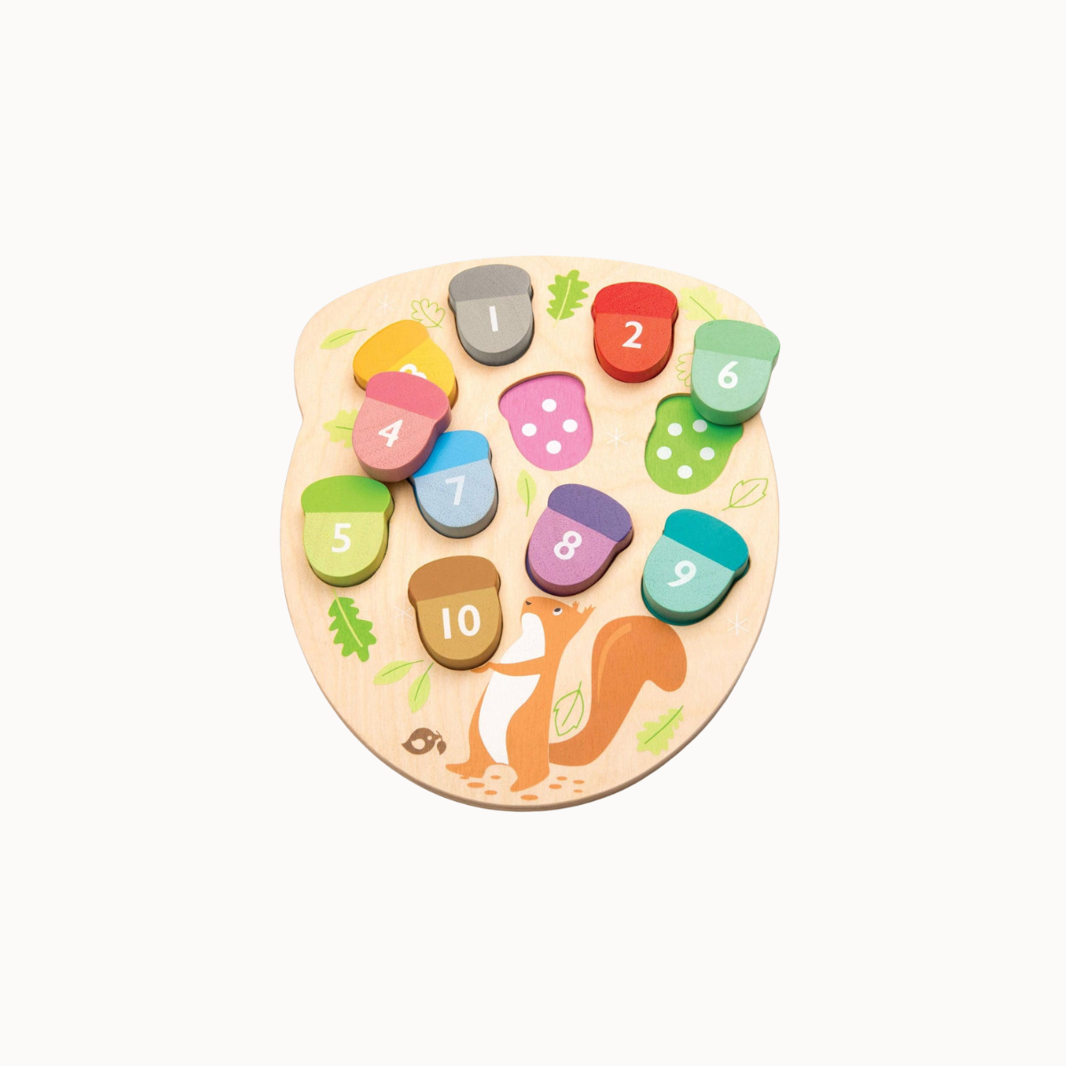 A wooden number and shape sorting puzzle board for toddlers, featuring colorful acorn-shaped pieces numbered 1 through 10 and an illustrated orange squirrel on a light wood base, shown on a plain off-white background.