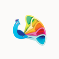 A stylized peacock illustration with a bright blue body and a fanned tail of layered geometric shapes in green, yellow, orange, pink, and red, shown on a plain white background.