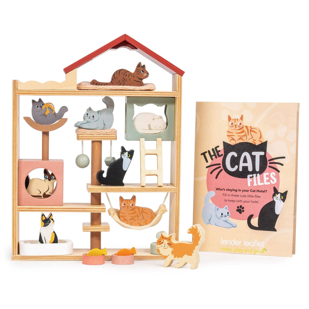 Cat toy set with a wooden house structure and cat-themed accessories on a white background.