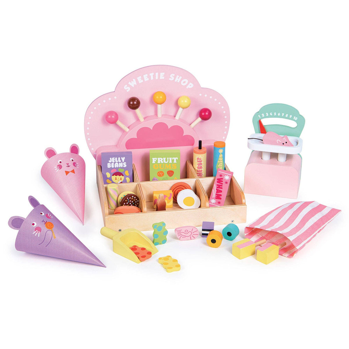 Toy set with a sweetie shop display, ice cream cones, and other accessories on a white background