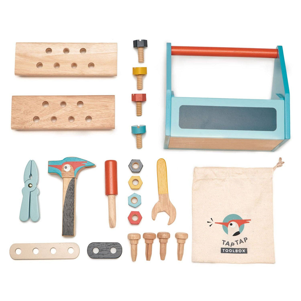 Children's toy toolbox set with various tools and accessories on a white background