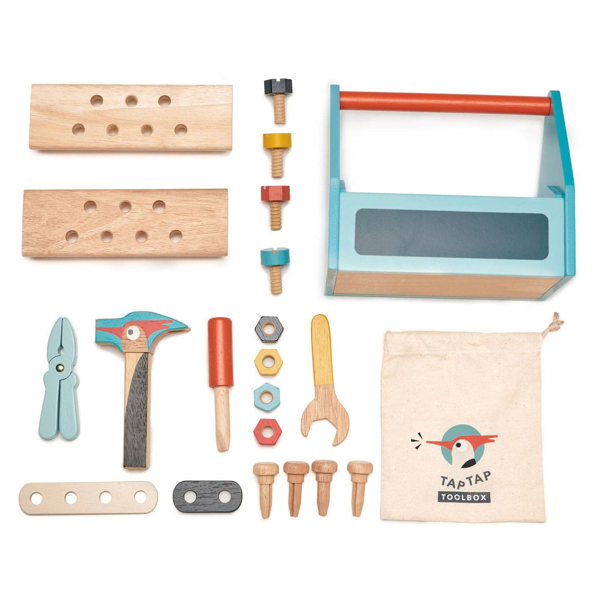 Children's toy toolbox set with various tools and accessories on a white background