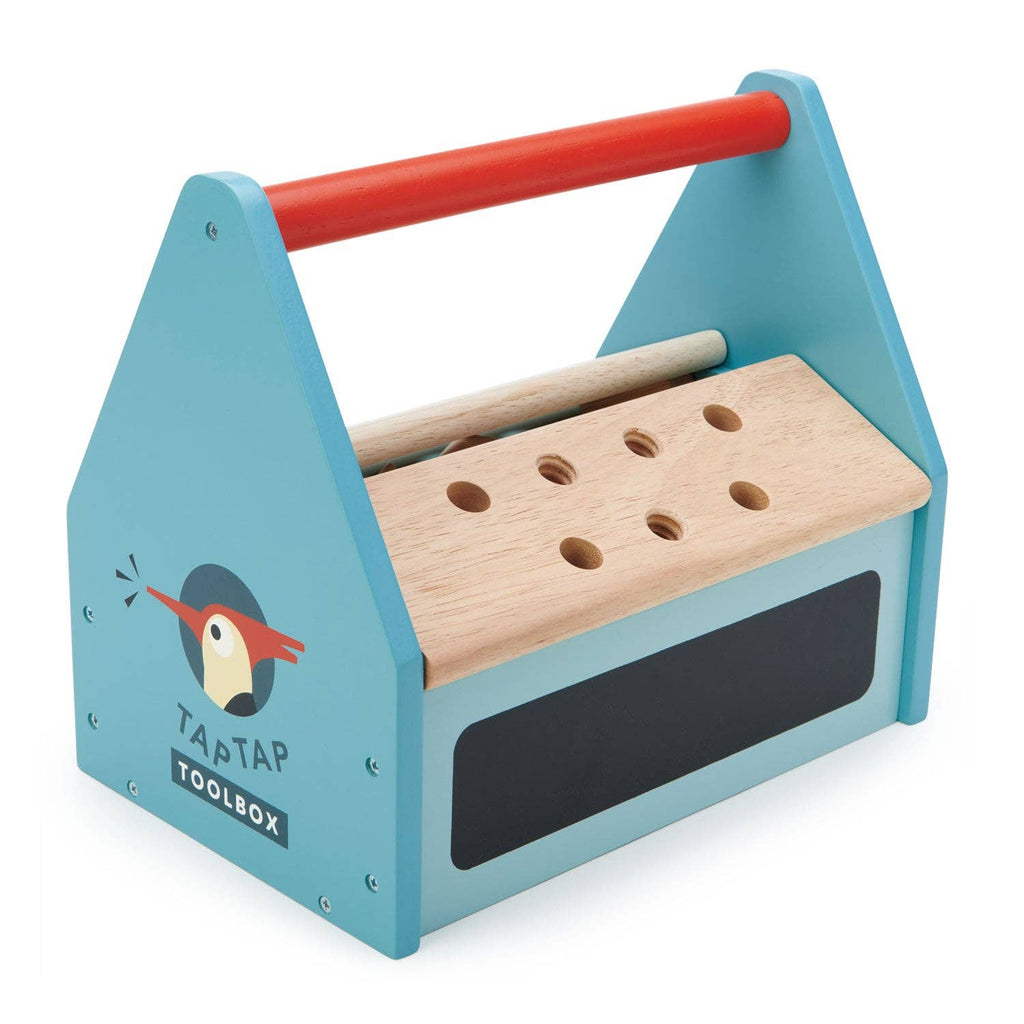 Toy toolbox with a red handle and wooden pegs on a white background
